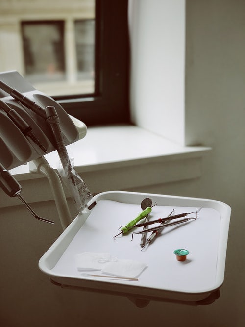 Tray of tools and cotton wipes used at Glasgow dentist